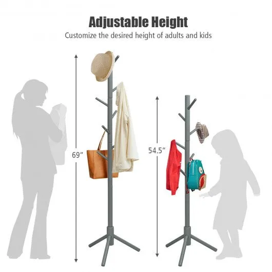 2 Heights Wooden Coat Rack with 8 Hooks-Gray