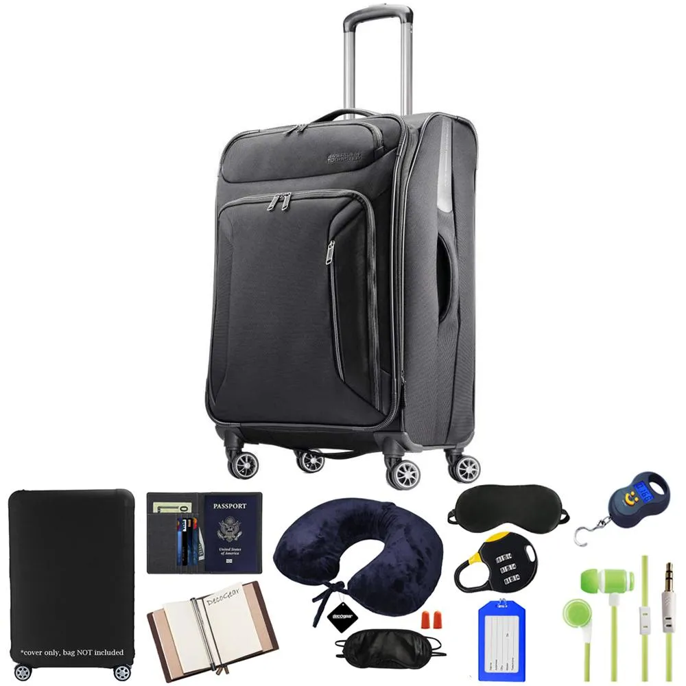 American Tourister 25" Zoom Spinner Luggage, Black w/ 10pc Luggage Accessory Kit