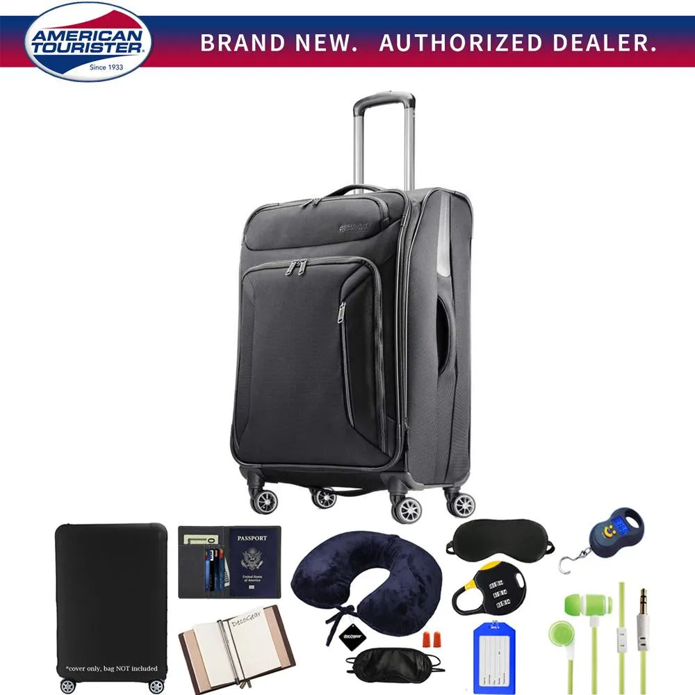 American Tourister 25" Zoom Spinner Luggage, Black w/ 10pc Luggage Accessory Kit