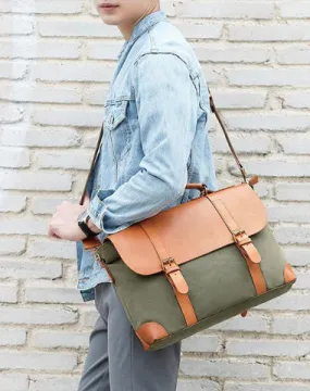 Army Green Leather Canvas Mens Casual Briefcase Shoulder Bag Messenger Bags Casual Courier Bags for Men