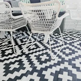 Aztec Black and White Monochrome Reversible Large Outdoor Rug