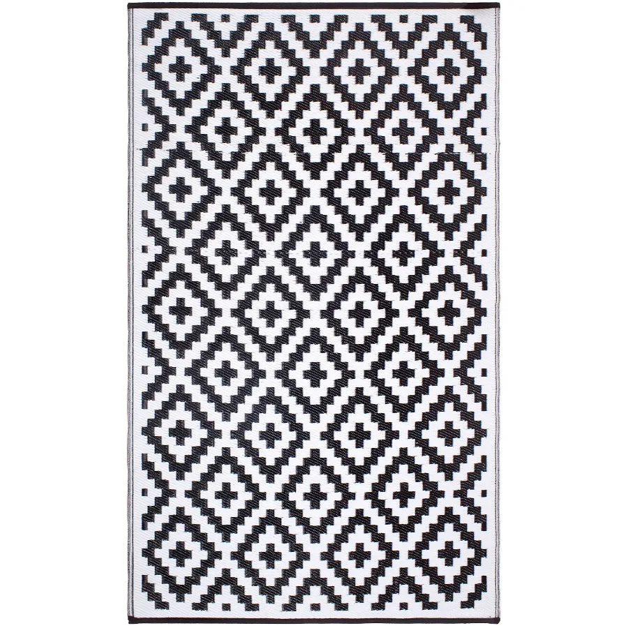 Aztec Black and White Monochrome Reversible Large Outdoor Rug