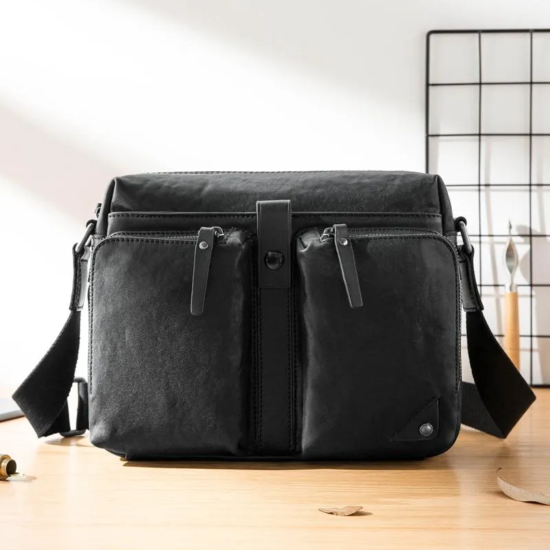 Black Cool Leather Mens 13 inches Side Bag Messenger Bags Black Courier Bags Postman Bag for Men