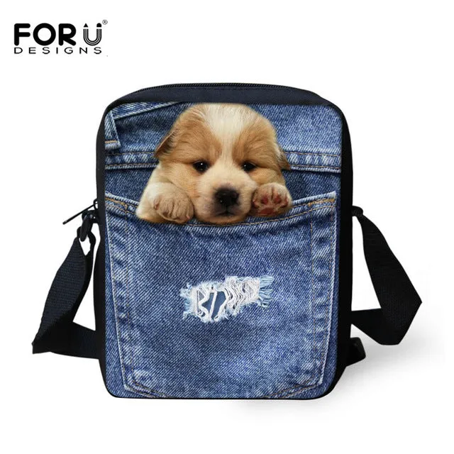 Brand Designer Women Messenger Bags Dog Cat Denim Print Girls Kids Cross Body Bag Cute Pug Bulldog Crossbody Shoulder Bag Woman