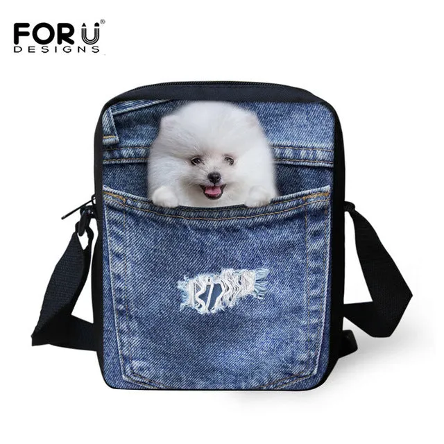 Brand Designer Women Messenger Bags Dog Cat Denim Print Girls Kids Cross Body Bag Cute Pug Bulldog Crossbody Shoulder Bag Woman