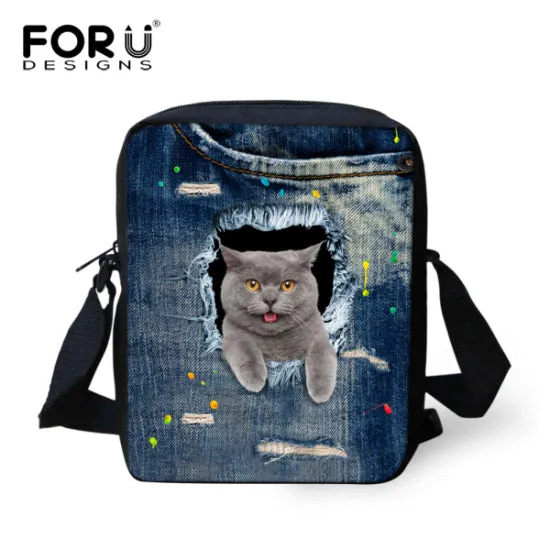 Brand Designer Women Messenger Bags Dog Cat Denim Print Girls Kids Cross Body Bag Cute Pug Bulldog Crossbody Shoulder Bag Woman