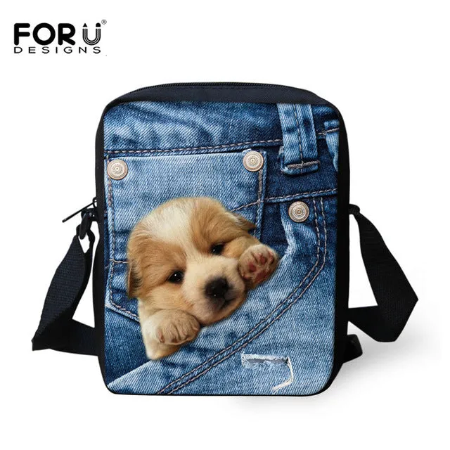 Brand Designer Women Messenger Bags Dog Cat Denim Print Girls Kids Cross Body Bag Cute Pug Bulldog Crossbody Shoulder Bag Woman