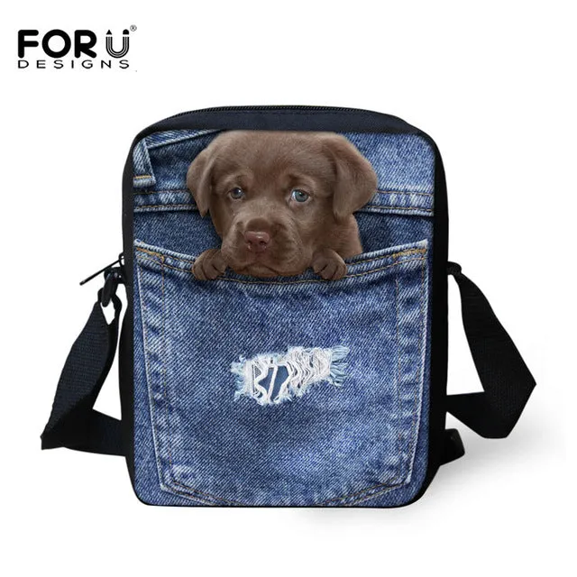 Brand Designer Women Messenger Bags Dog Cat Denim Print Girls Kids Cross Body Bag Cute Pug Bulldog Crossbody Shoulder Bag Woman