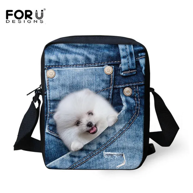 Brand Designer Women Messenger Bags Dog Cat Denim Print Girls Kids Cross Body Bag Cute Pug Bulldog Crossbody Shoulder Bag Woman