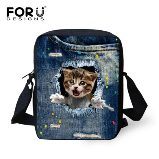 Brand Designer Women Messenger Bags Dog Cat Denim Print Girls Kids Cross Body Bag Cute Pug Bulldog Crossbody Shoulder Bag Woman