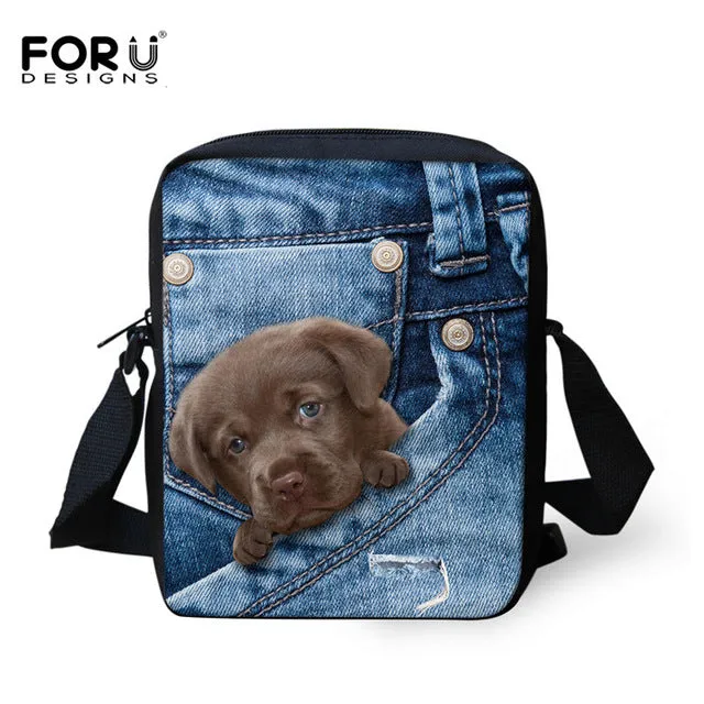 Brand Designer Women Messenger Bags Dog Cat Denim Print Girls Kids Cross Body Bag Cute Pug Bulldog Crossbody Shoulder Bag Woman