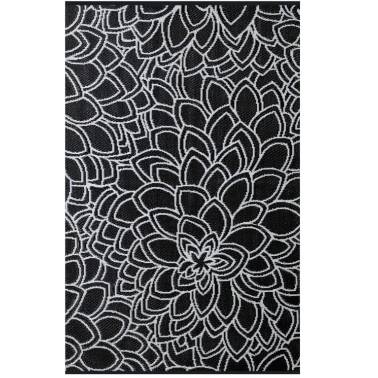 Eden Black and White Floral Recycled Plastic Outdoor Rug