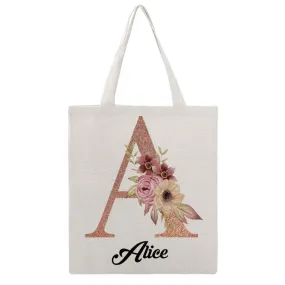 Personalized Floral Alphabet Name Canvas Tote Bag Double Sides Printing