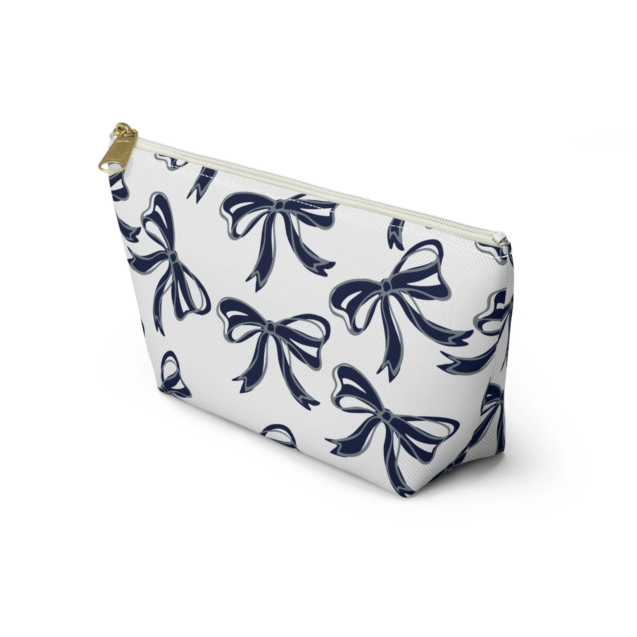 Trendy Bow Makeup Bag - Graduation Gift, Bed Party Gift, Acceptance Gift, College Gift, Monmouth, UConn, Huskies, navy & white,navy and grey