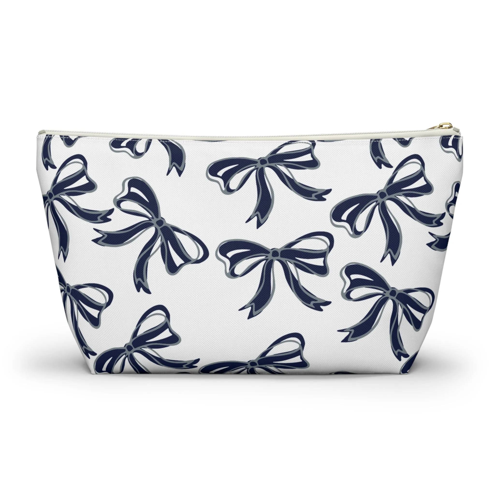 Trendy Bow Makeup Bag - Graduation Gift, Bed Party Gift, Acceptance Gift, College Gift, Monmouth, UConn, Huskies, navy & white,navy and grey