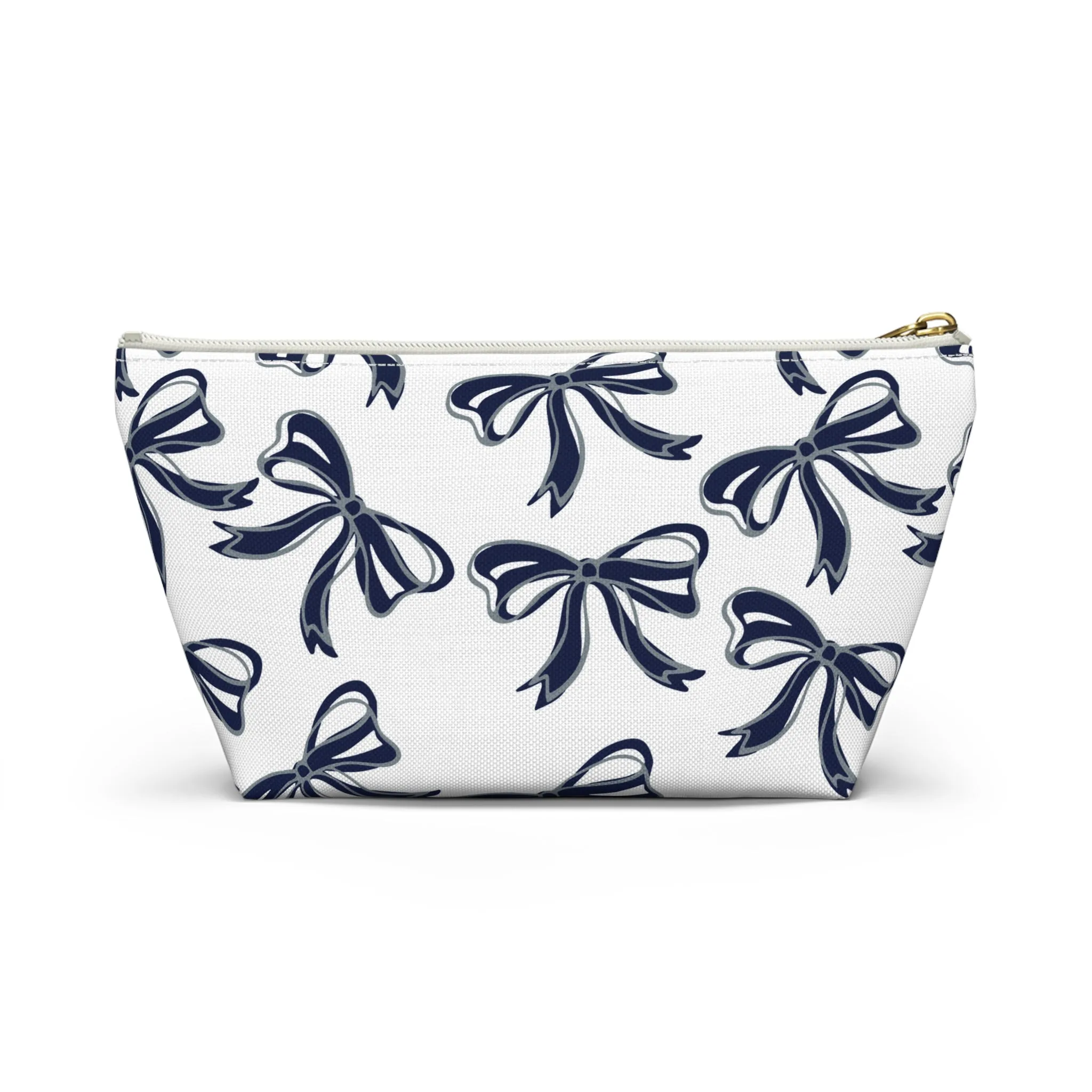 Trendy Bow Makeup Bag - Graduation Gift, Bed Party Gift, Acceptance Gift, College Gift, Monmouth, UConn, Huskies, navy & white,navy and grey